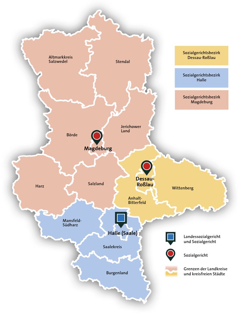 Landkarte mit den Bezirken der Sozialgerichtsbarkeit